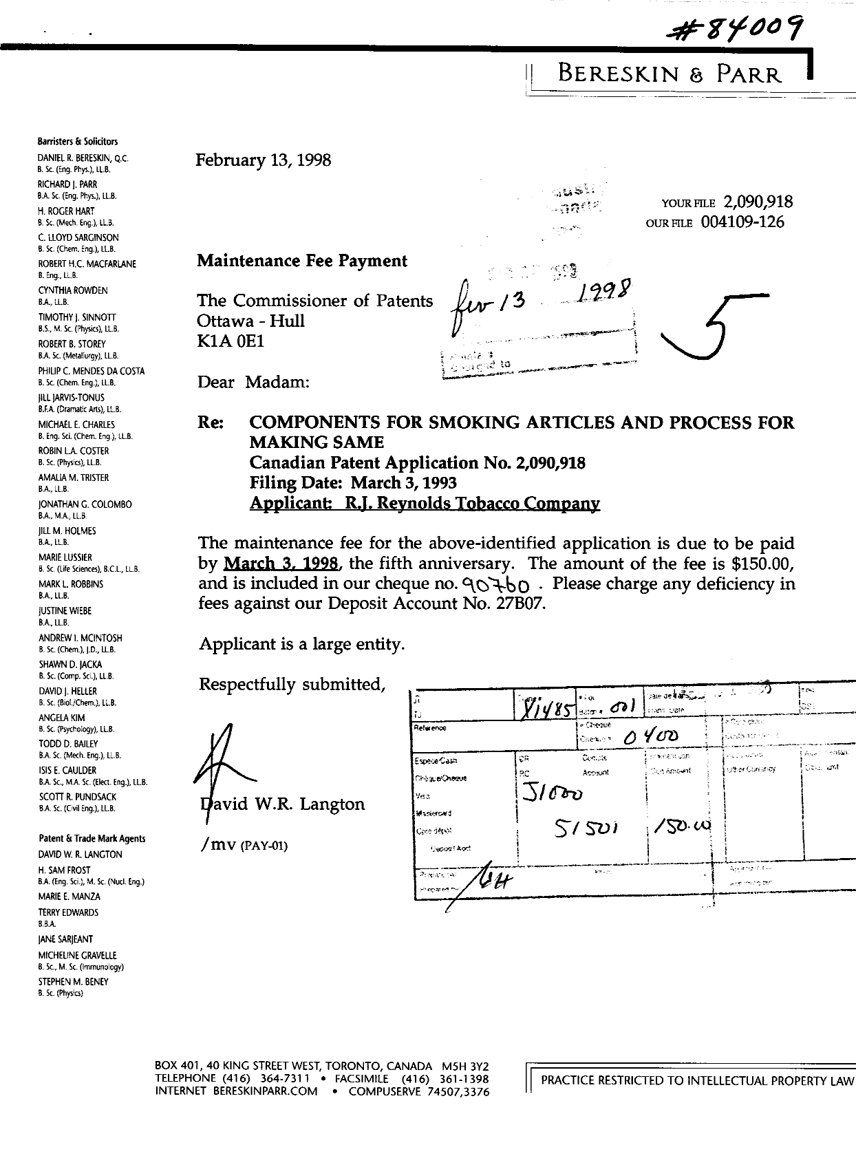 Document de brevet canadien 2090918. Taxes 19980213. Image 1 de 1