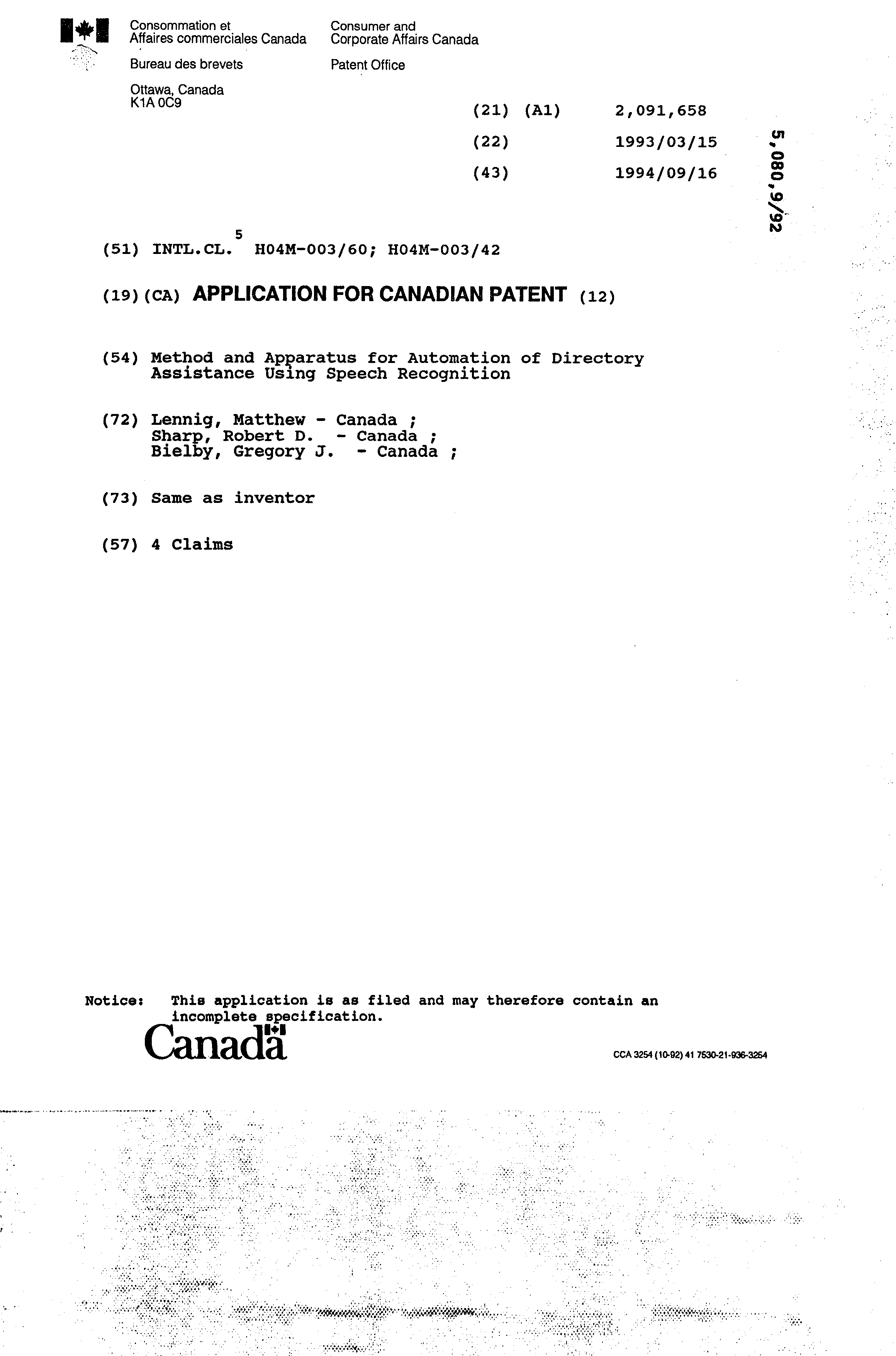 Document de brevet canadien 2091658. Page couverture 19941218. Image 1 de 1