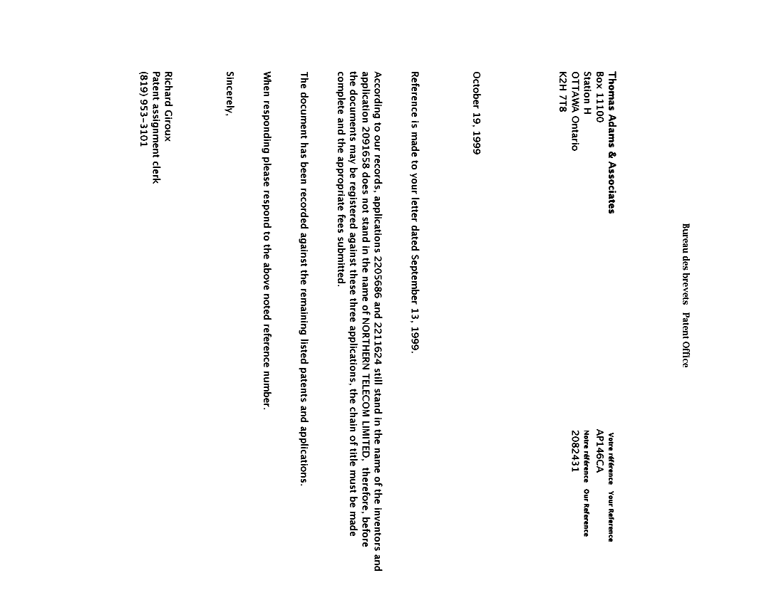 Document de brevet canadien 2091658. Correspondance 19981219. Image 1 de 1