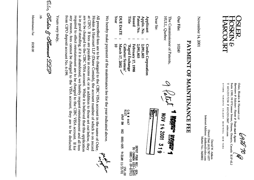 Document de brevet canadien 2091803. Taxes 20011114. Image 1 de 1