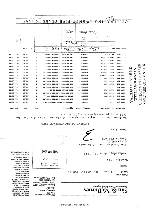 Canadian Patent Document 2092198. Fees 19950622. Image 1 of 1