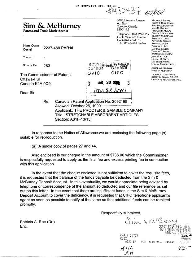 Document de brevet canadien 2092199. Correspondance 19991223. Image 1 de 3