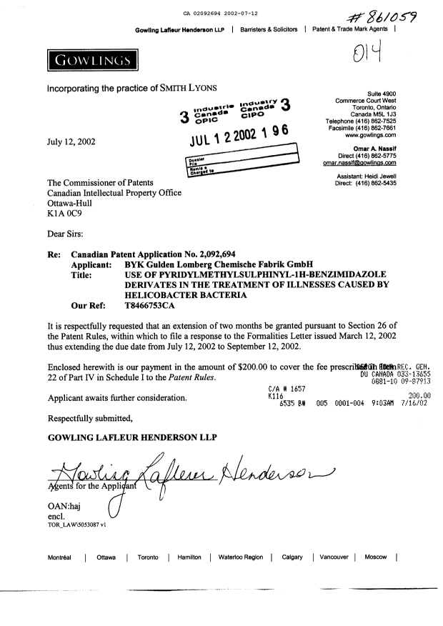 Document de brevet canadien 2092694. Poursuite-Amendment 20011212. Image 1 de 1