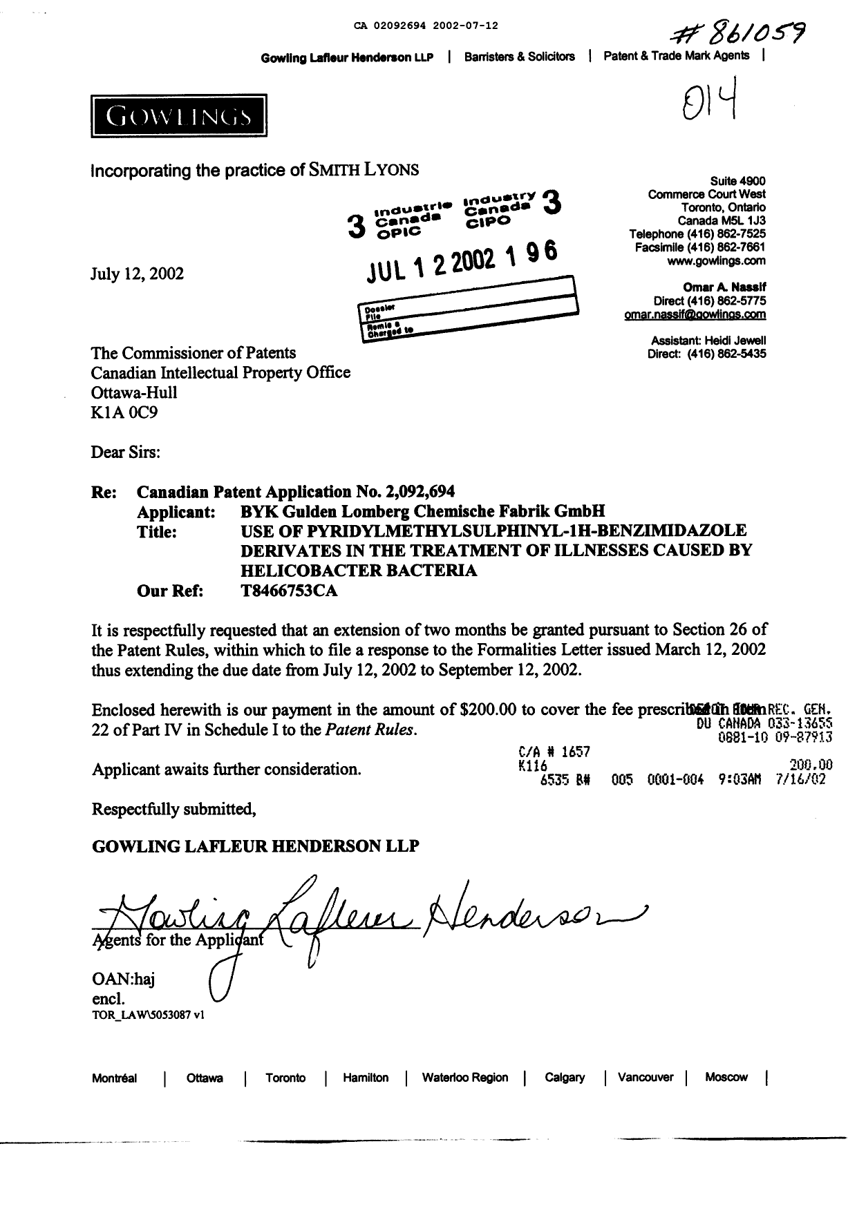 Canadian Patent Document 2092694. Prosecution-Amendment 20011212. Image 1 of 1