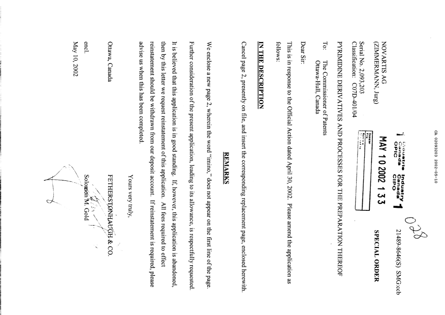 Document de brevet canadien 2093203. Correspondance 20011210. Image 1 de 2