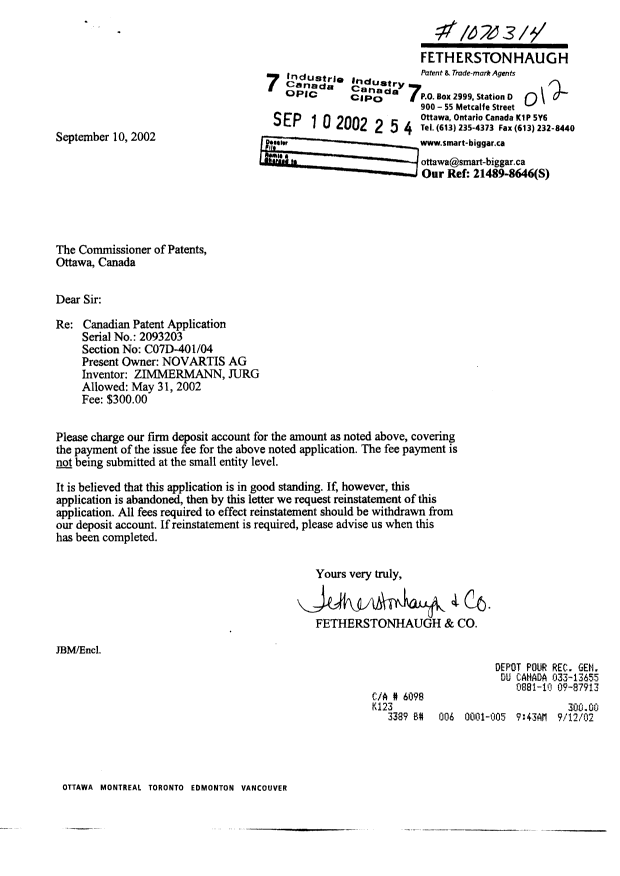 Document de brevet canadien 2093203. Correspondance 20020910. Image 1 de 1