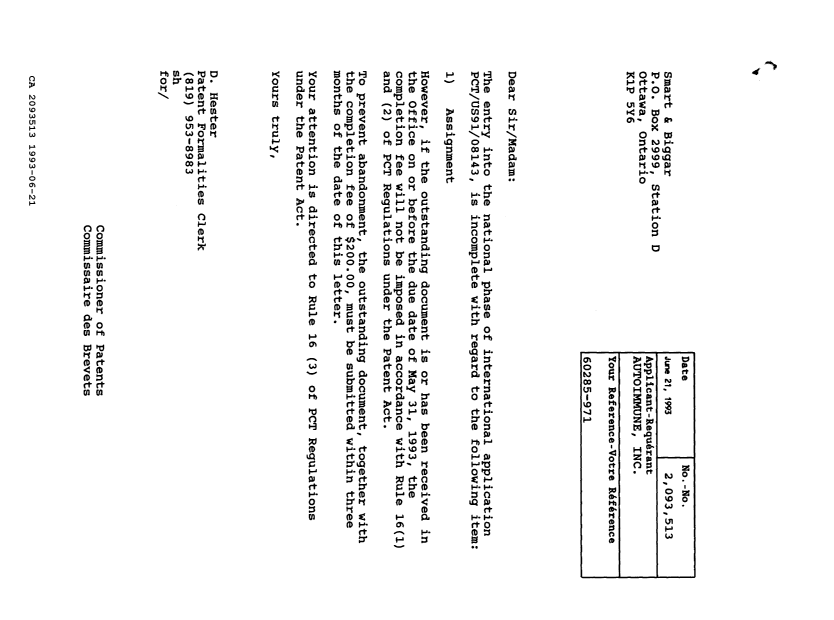 Document de brevet canadien 2093513. Lettre du bureau 19930621. Image 1 de 1