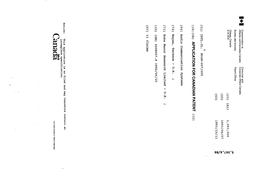 Document de brevet canadien 2093566. Page couverture 19931011. Image 1 de 1