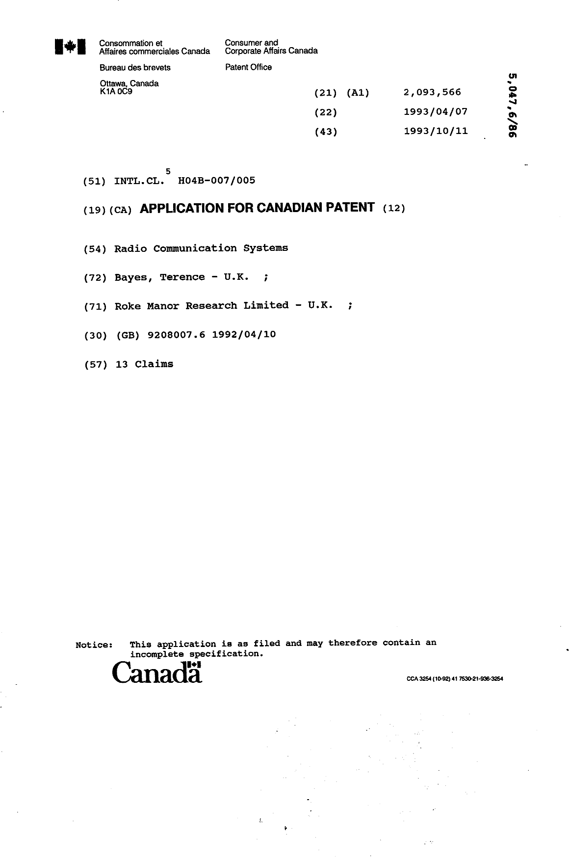 Document de brevet canadien 2093566. Page couverture 19931011. Image 1 de 1