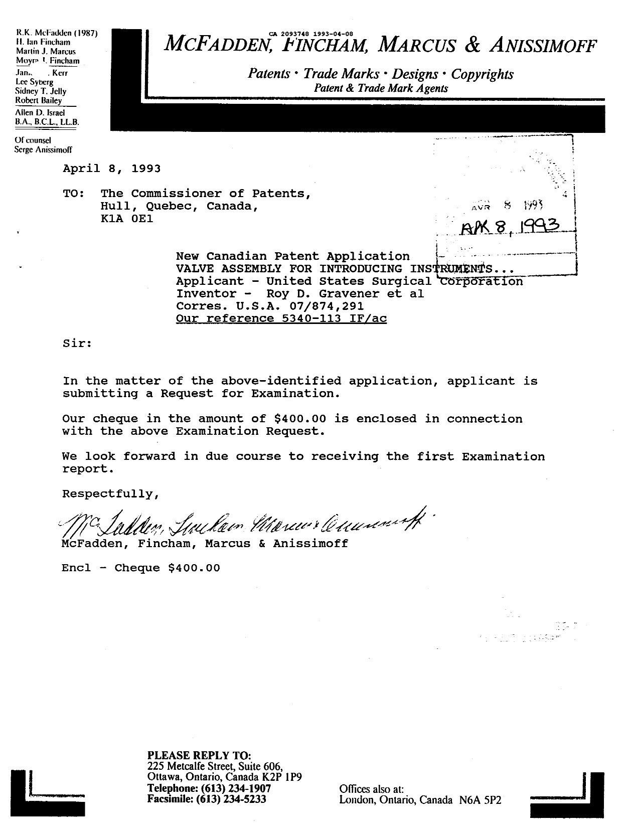 Document de brevet canadien 2093748. Correspondance de la poursuite 19930408. Image 1 de 1