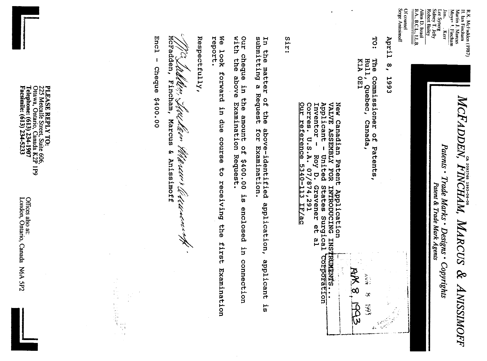 Canadian Patent Document 2093748. Prosecution Correspondence 19930408. Image 1 of 1