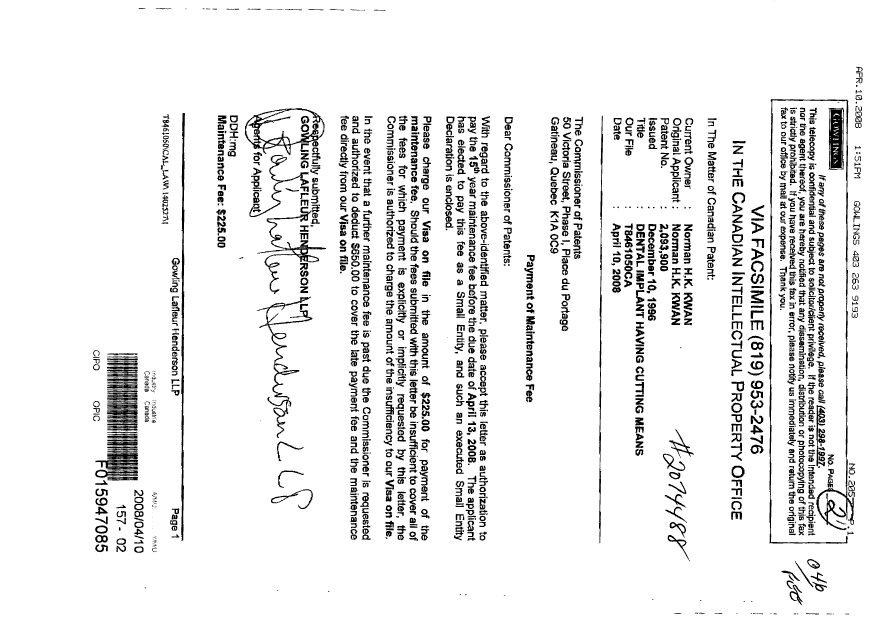 Document de brevet canadien 2093900. Taxes 20080410. Image 1 de 6