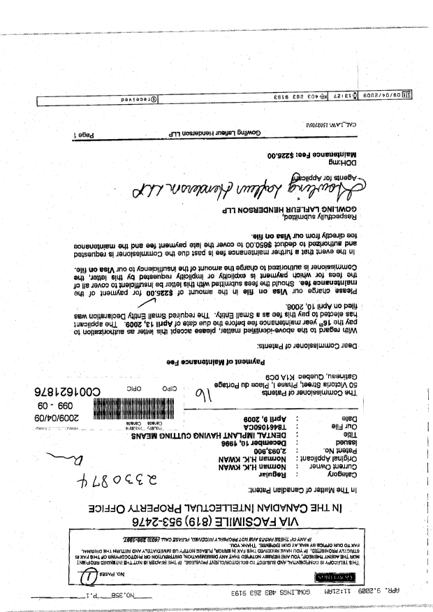 Canadian Patent Document 2093900. Fees 20090409. Image 1 of 1