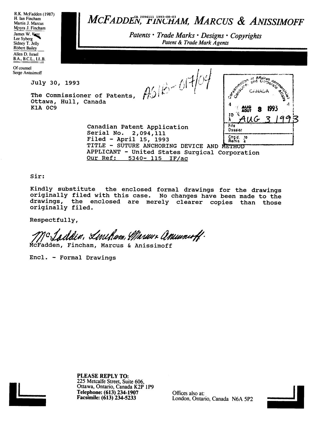 Canadian Patent Document 2094111. Prosecution Correspondence 19930803. Image 1 of 1