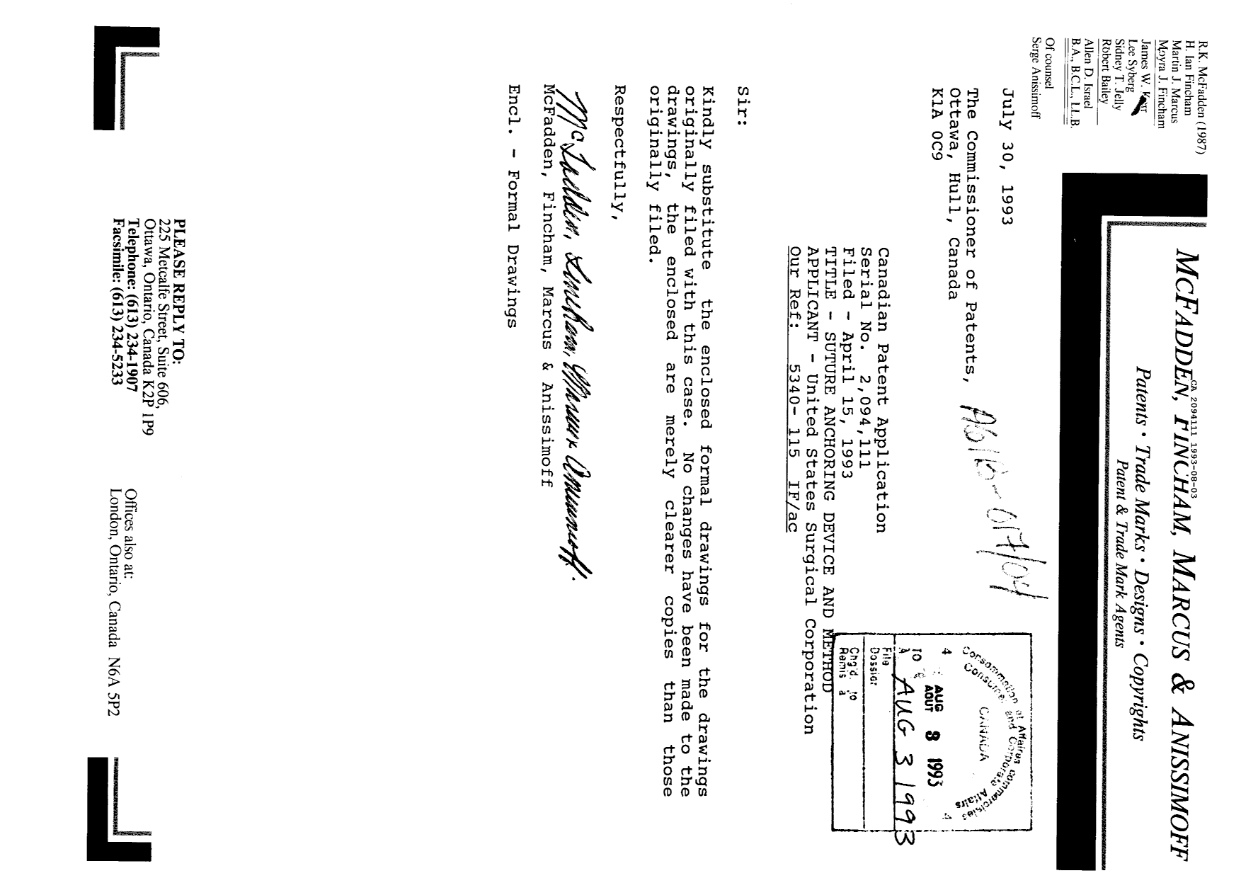 Document de brevet canadien 2094111. Correspondance de la poursuite 19930803. Image 1 de 1