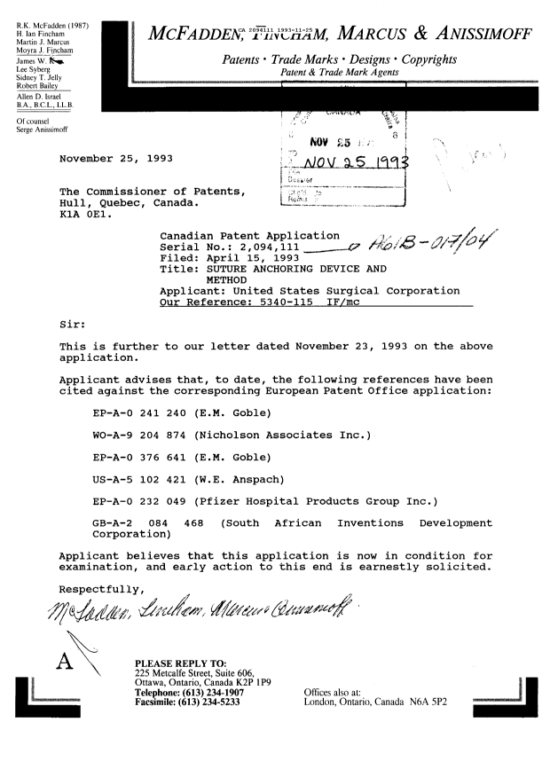 Canadian Patent Document 2094111. Prosecution Correspondence 19931125. Image 1 of 1