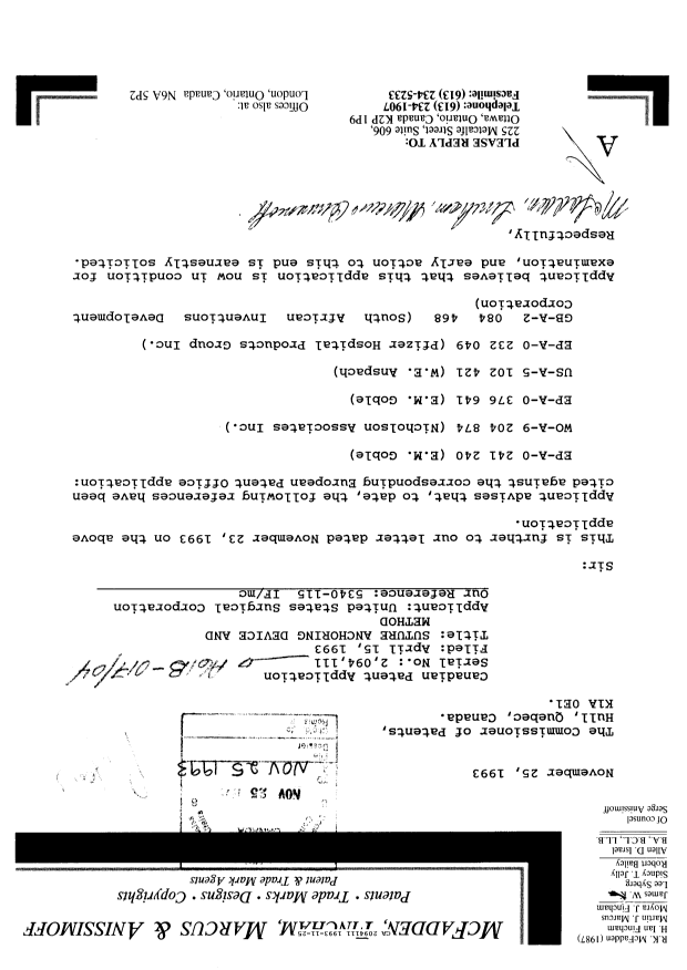 Document de brevet canadien 2094111. Correspondance de la poursuite 19931125. Image 1 de 1