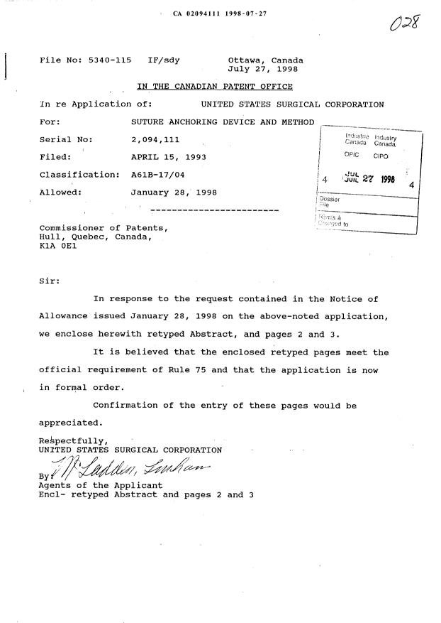 Document de brevet canadien 2094111. Correspondance 19971227. Image 1 de 4
