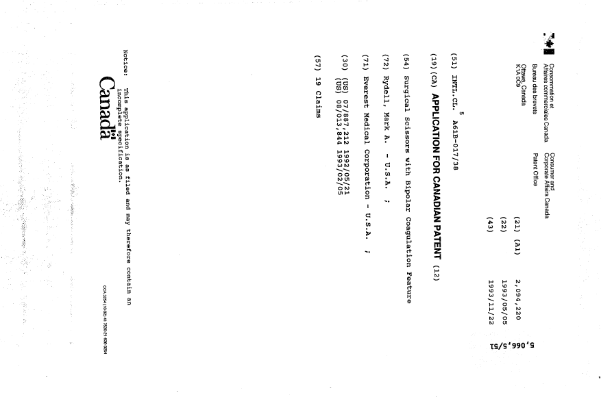 Document de brevet canadien 2094220. Page couverture 19931122. Image 1 de 1