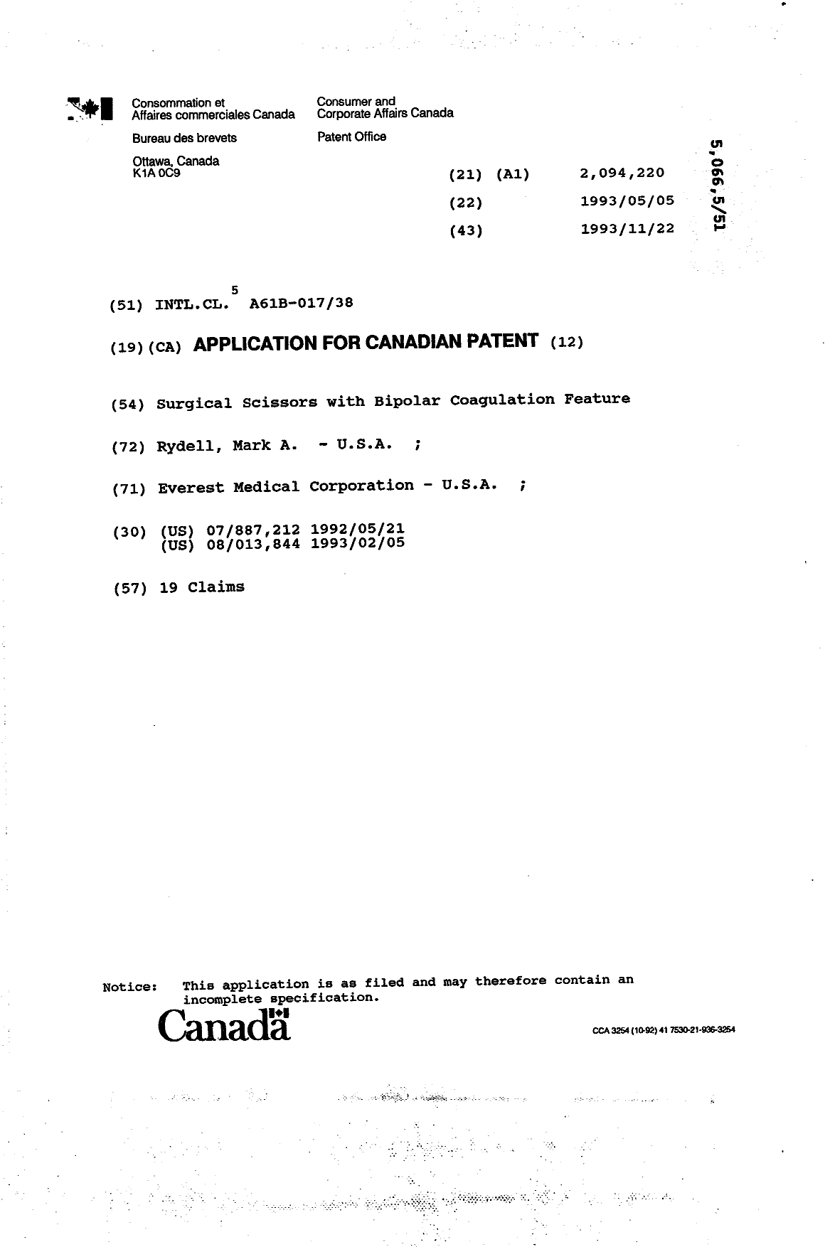 Document de brevet canadien 2094220. Page couverture 19931122. Image 1 de 1
