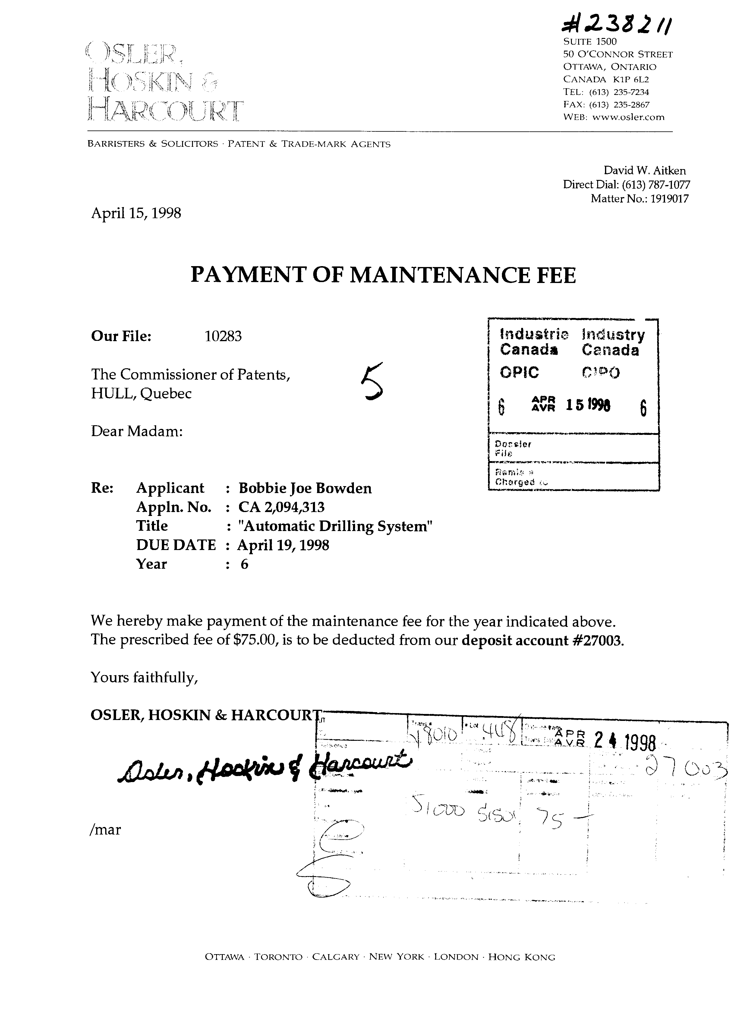 Canadian Patent Document 2094313. Fees 19980415. Image 1 of 1