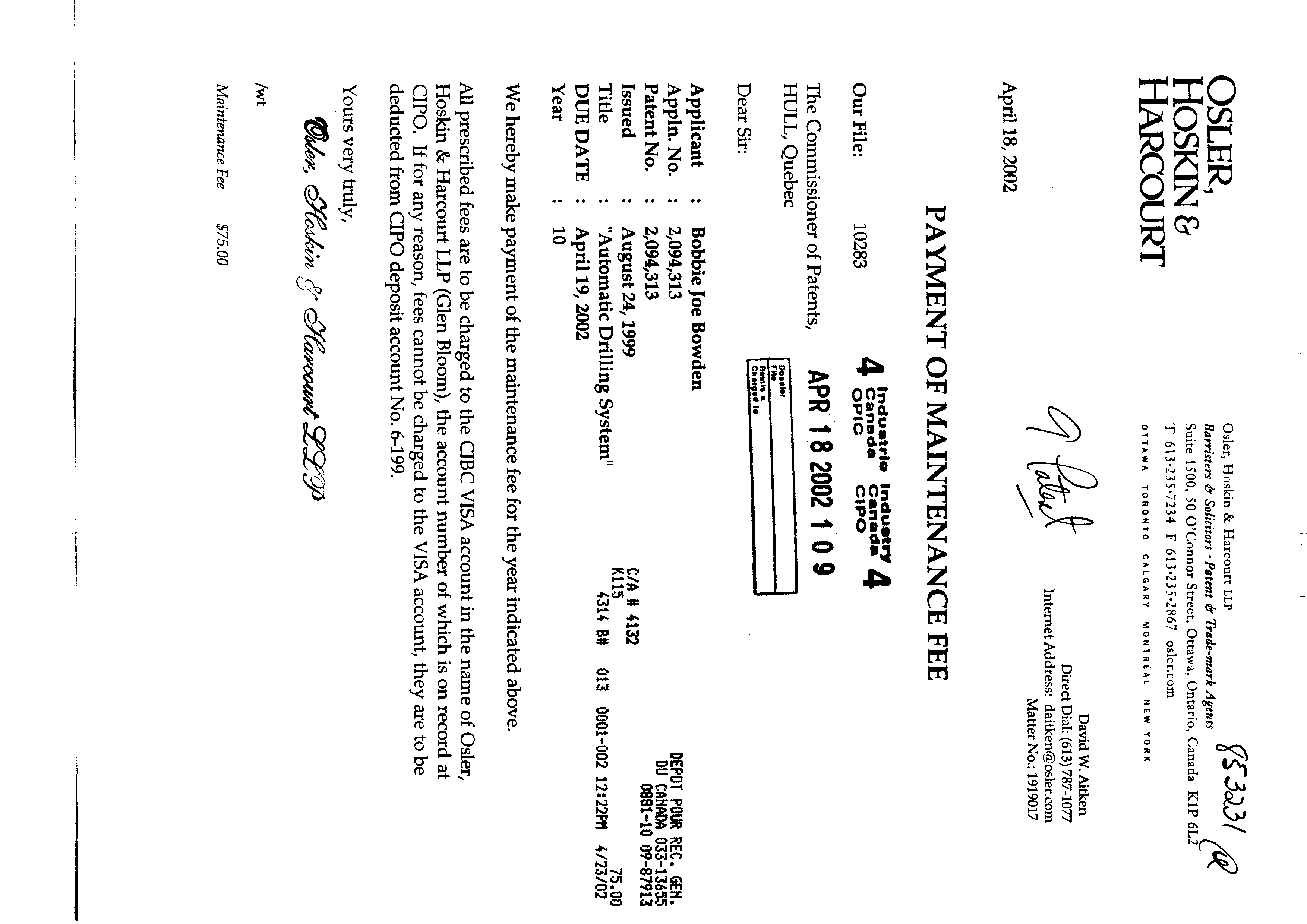 Document de brevet canadien 2094313. Taxes 20020418. Image 1 de 1