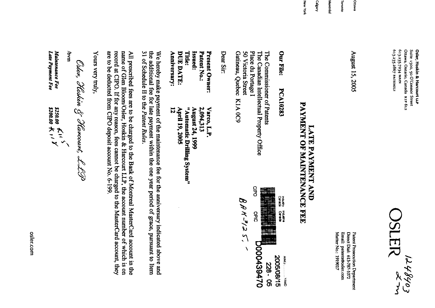 Document de brevet canadien 2094313. Taxes 20050815. Image 1 de 1