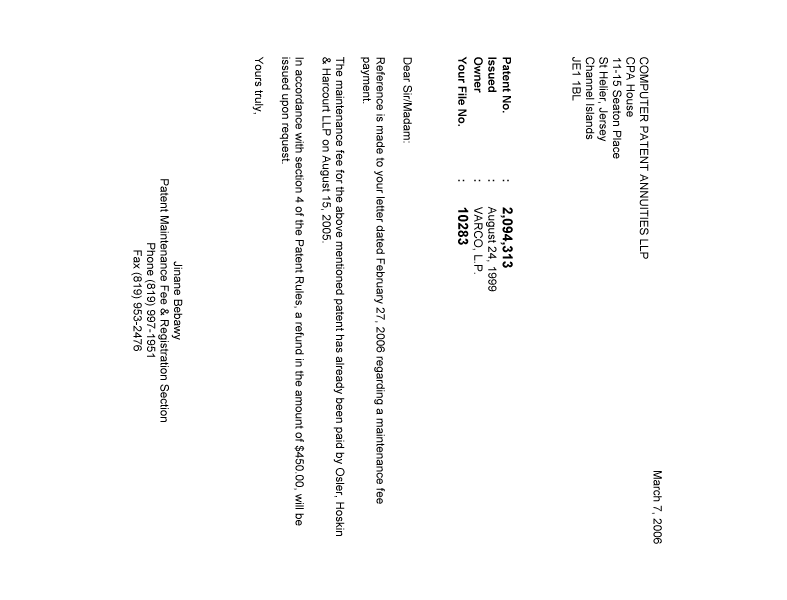 Document de brevet canadien 2094313. Correspondance 20051207. Image 1 de 1