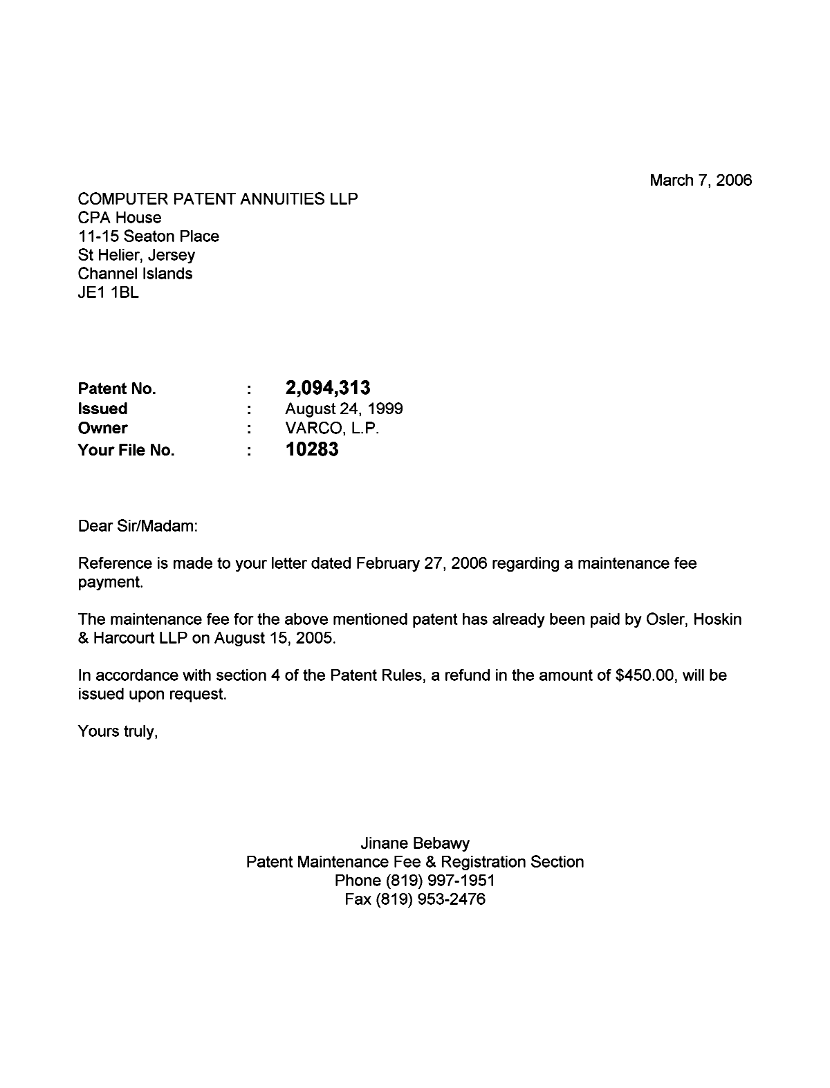 Canadian Patent Document 2094313. Correspondence 20051207. Image 1 of 1