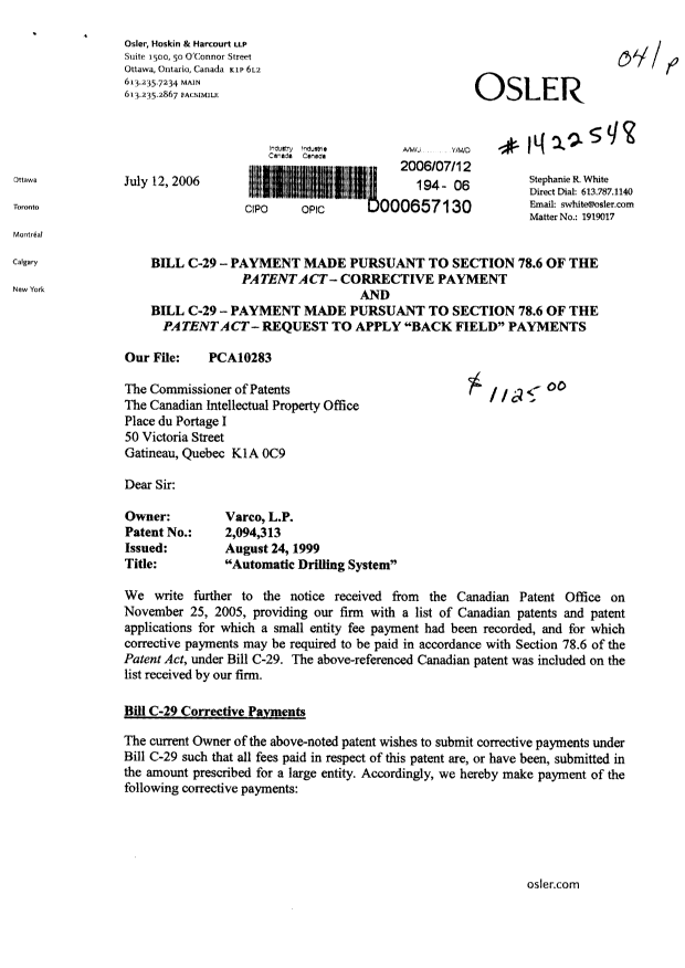Canadian Patent Document 2094313. Prosecution-Amendment 20060712. Image 1 of 3