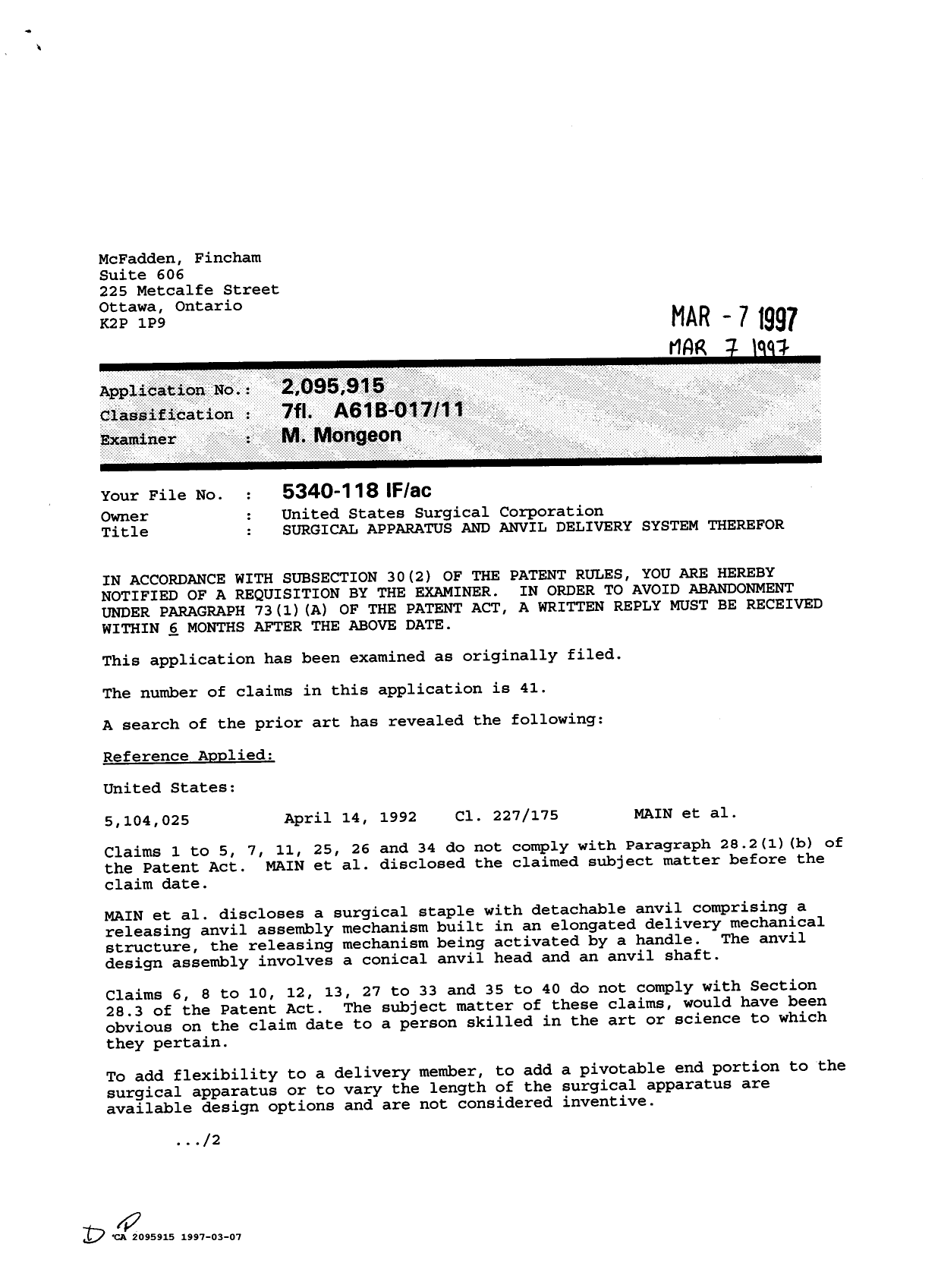 Document de brevet canadien 2095915. Demande d'examen 19970307. Image 1 de 2