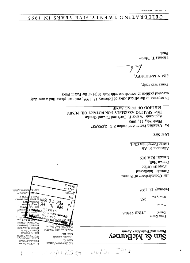 Document de brevet canadien 2095937. Correspondance 19941216. Image 1 de 1