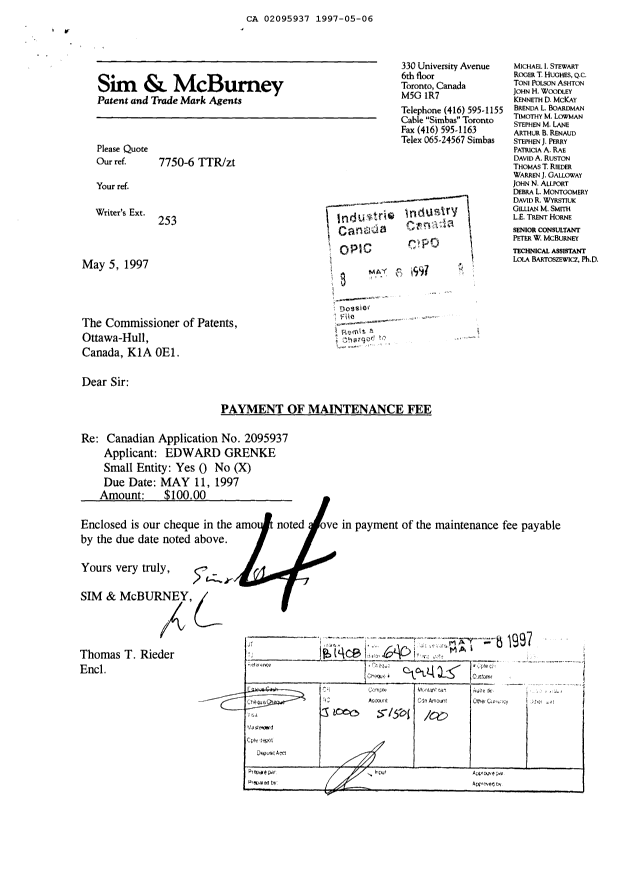 Document de brevet canadien 2095937. Taxes 19970506. Image 1 de 1