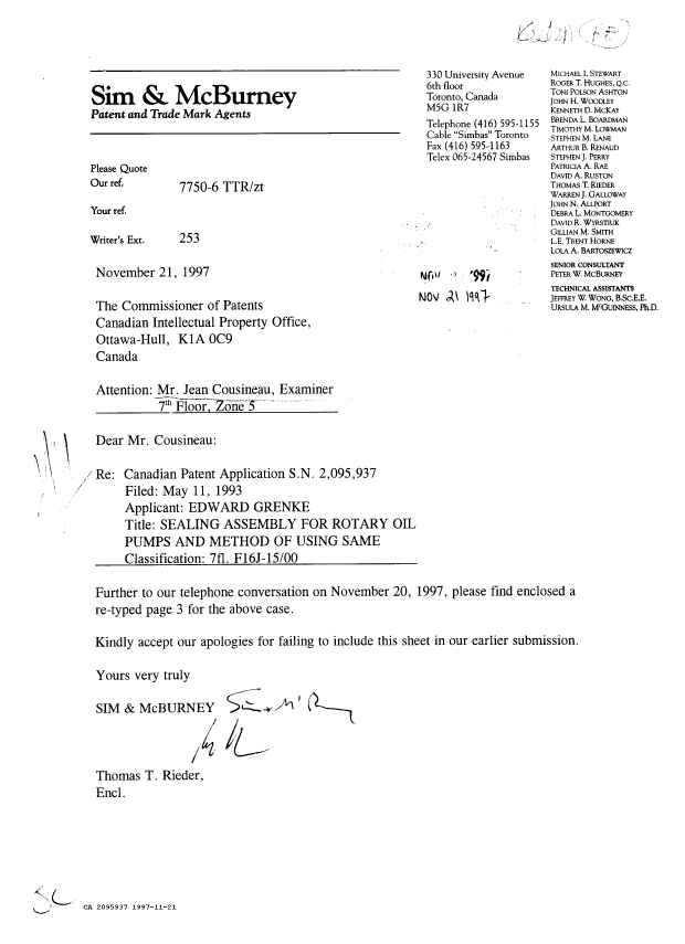 Document de brevet canadien 2095937. Correspondance de la poursuite 19971121. Image 1 de 1