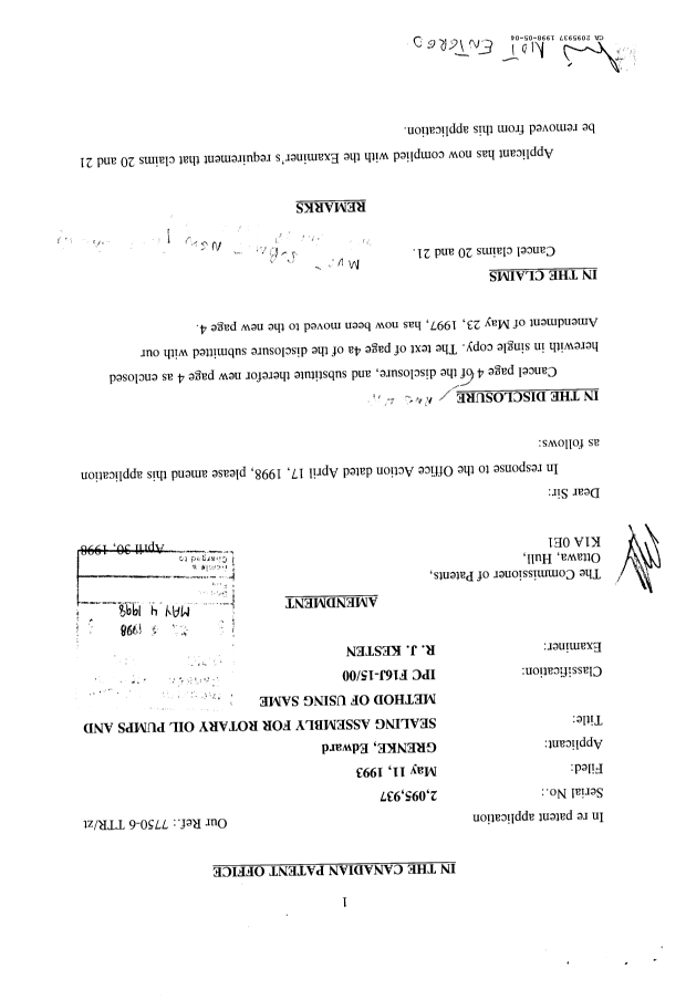 Document de brevet canadien 2095937. Poursuite-Amendment 19971204. Image 1 de 2