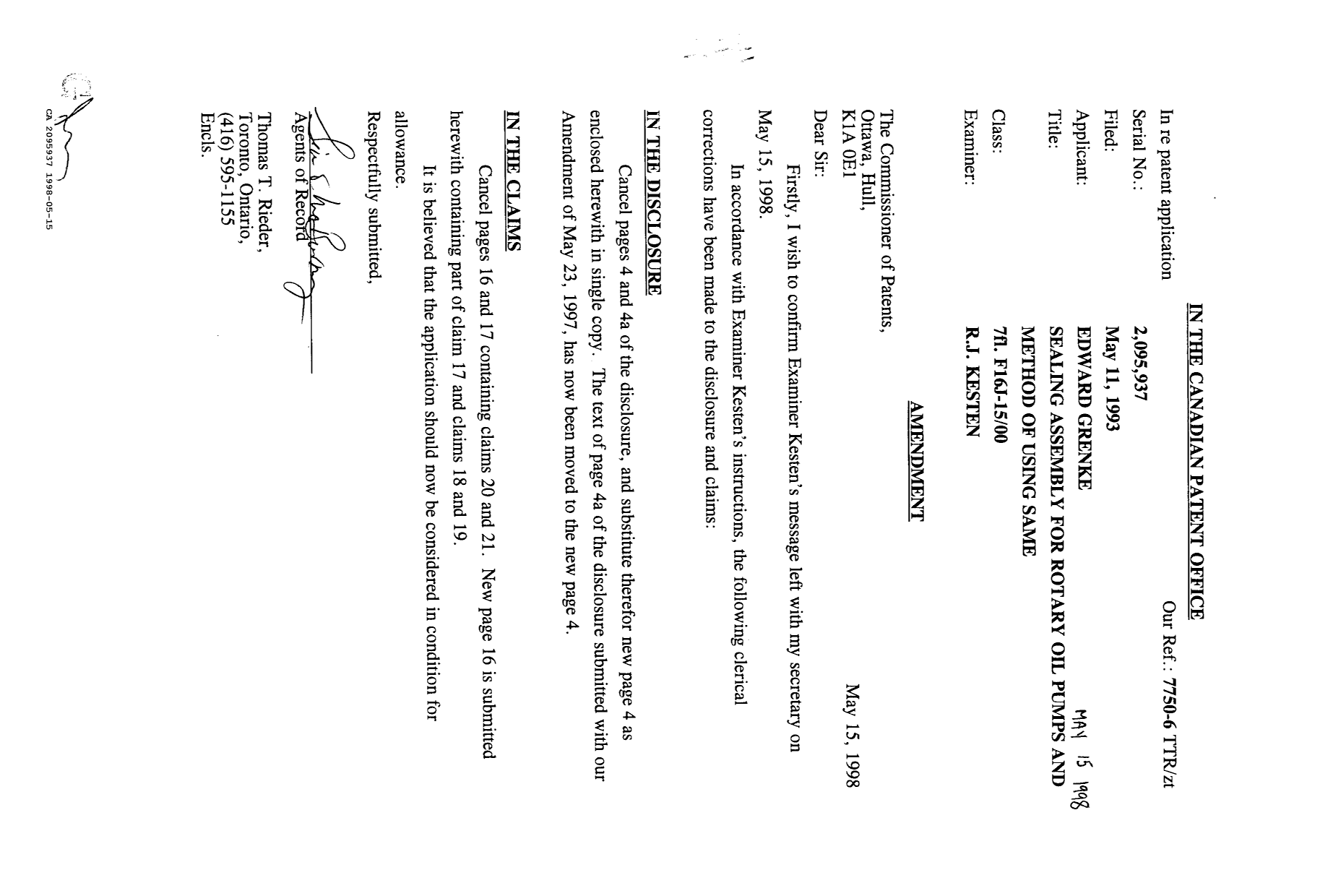Document de brevet canadien 2095937. Poursuite-Amendment 19971215. Image 1 de 1