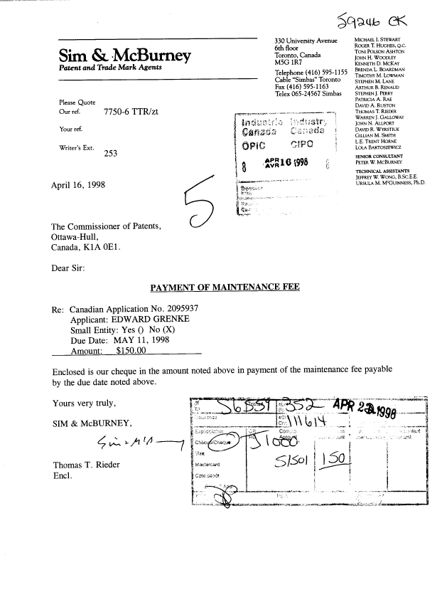 Document de brevet canadien 2095937. Taxes 19980416. Image 1 de 1