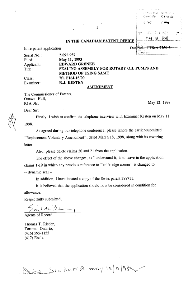 Document de brevet canadien 2095937. Correspondance de la poursuite 19980512. Image 1 de 1