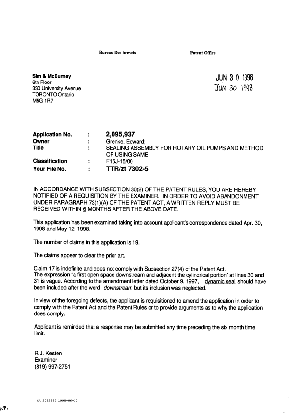 Document de brevet canadien 2095937. Demande d'examen 19980630. Image 1 de 1