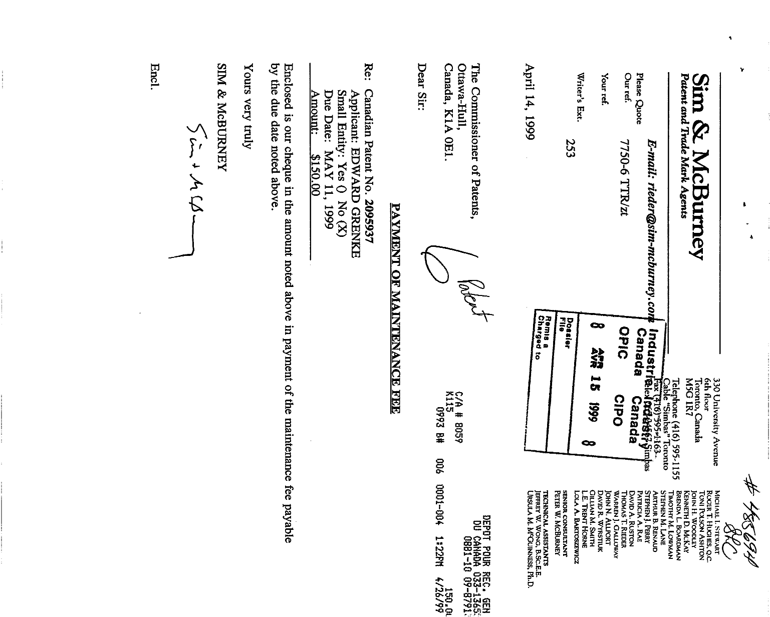 Document de brevet canadien 2095937. Taxes 19981215. Image 1 de 1
