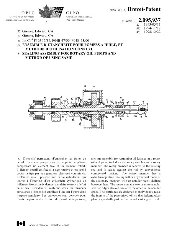 Document de brevet canadien 2095937. Page couverture 19981221. Image 1 de 2