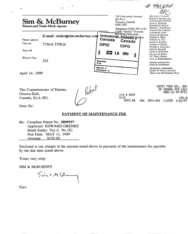 Document de brevet canadien 2095937. Taxes 19990415. Image 1 de 1