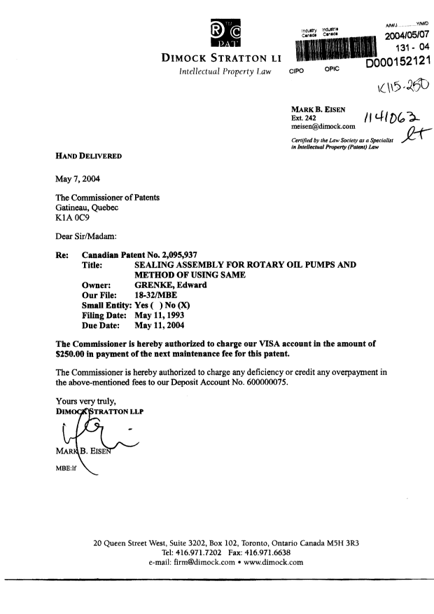 Document de brevet canadien 2095937. Taxes 20031207. Image 1 de 1