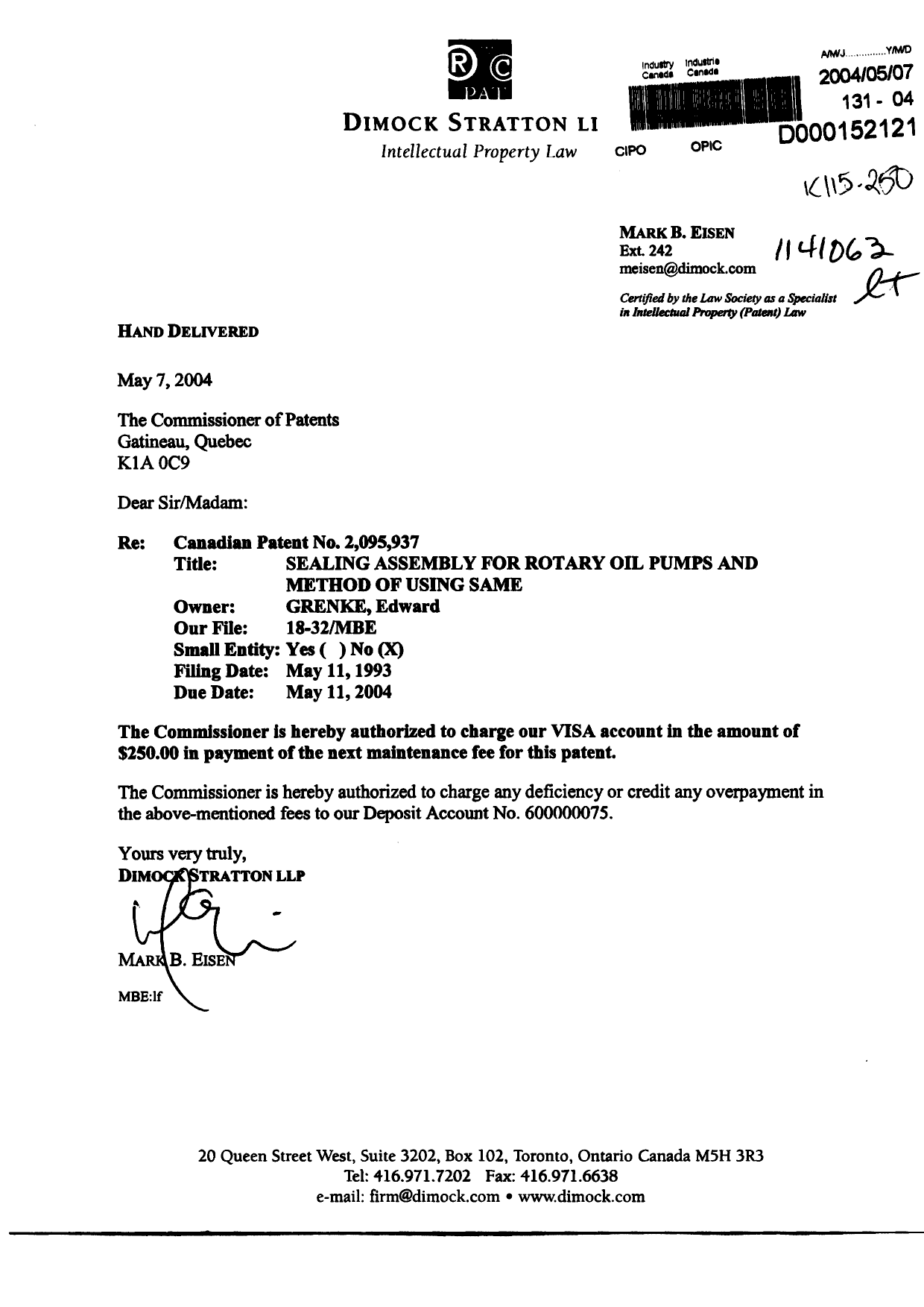 Document de brevet canadien 2095937. Taxes 20031207. Image 1 de 1