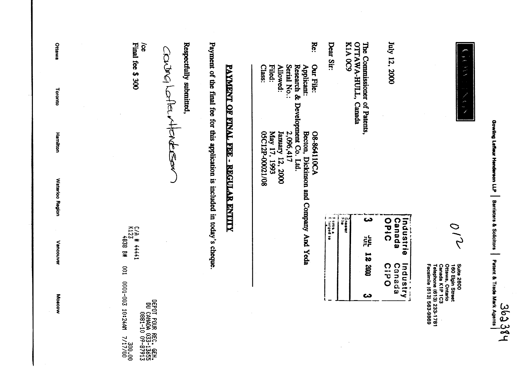 Canadian Patent Document 2096417. Correspondence 20000712. Image 1 of 1