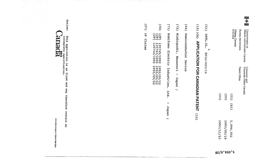 Document de brevet canadien 2096551. Page couverture 19931123. Image 1 de 1