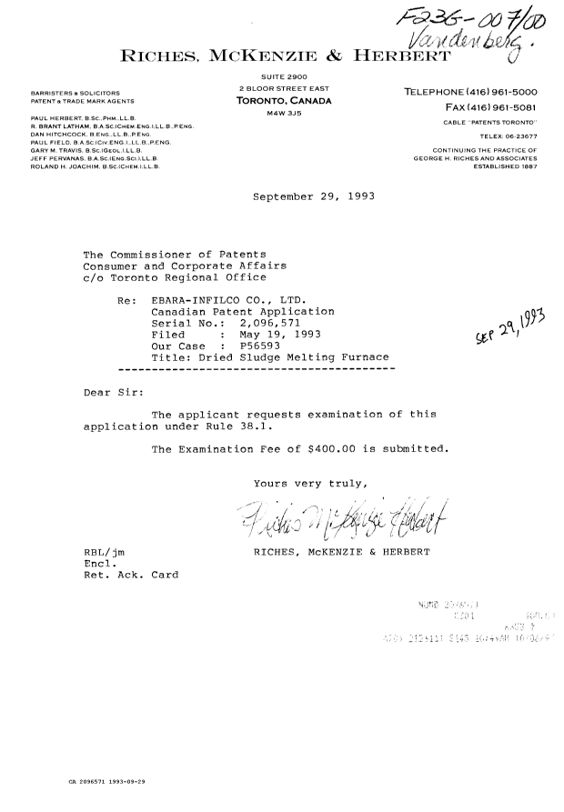 Canadian Patent Document 2096571. Prosecution Correspondence 19930929. Image 1 of 1