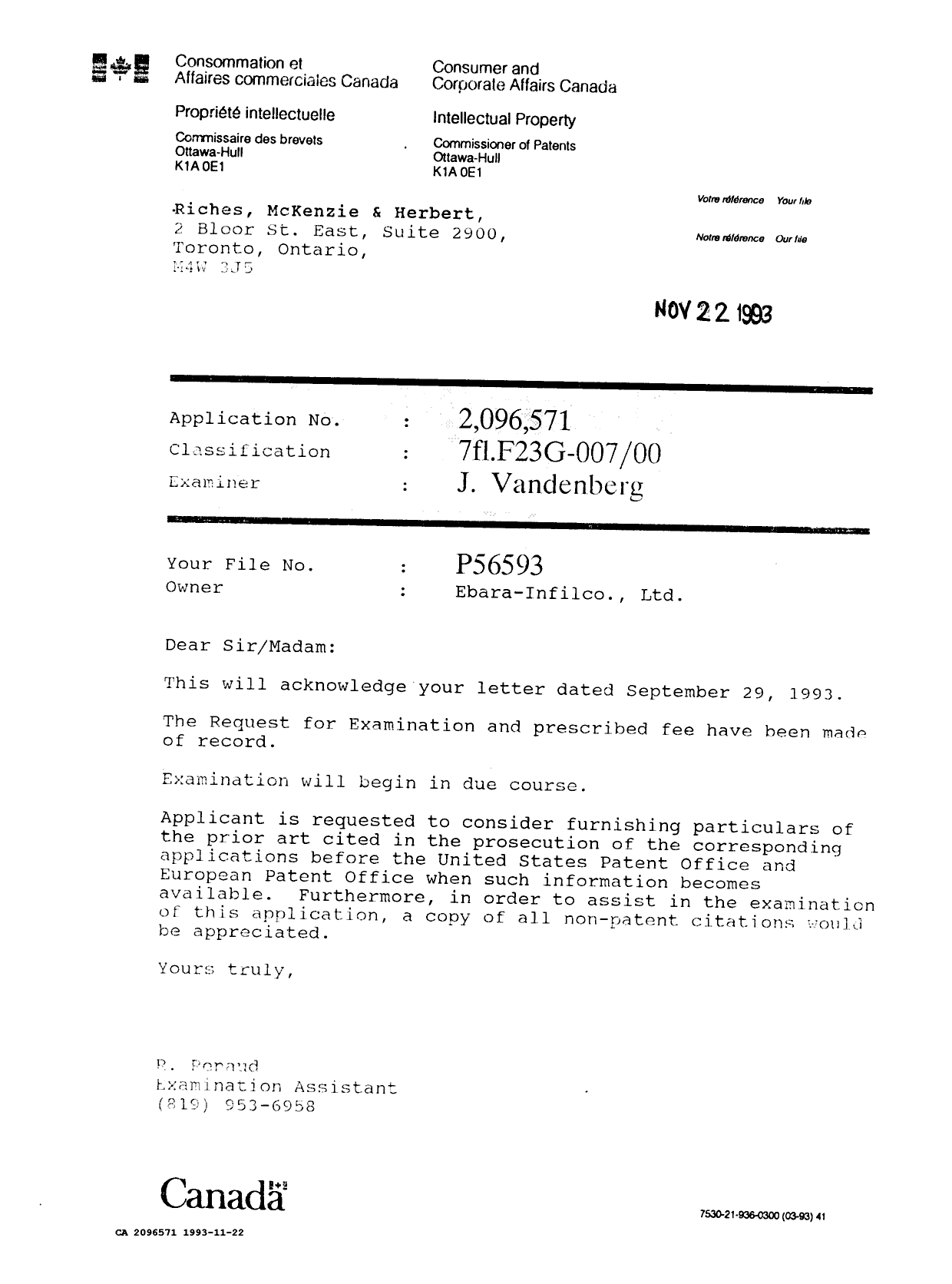 Document de brevet canadien 2096571. Lettre du bureau 19931122. Image 1 de 1