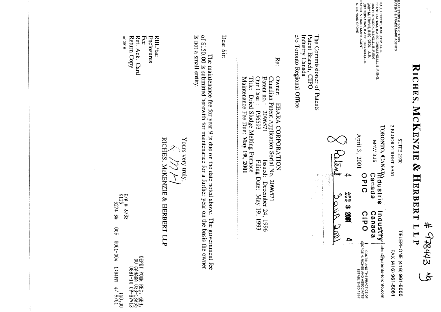 Document de brevet canadien 2096571. Taxes 20010403. Image 1 de 1