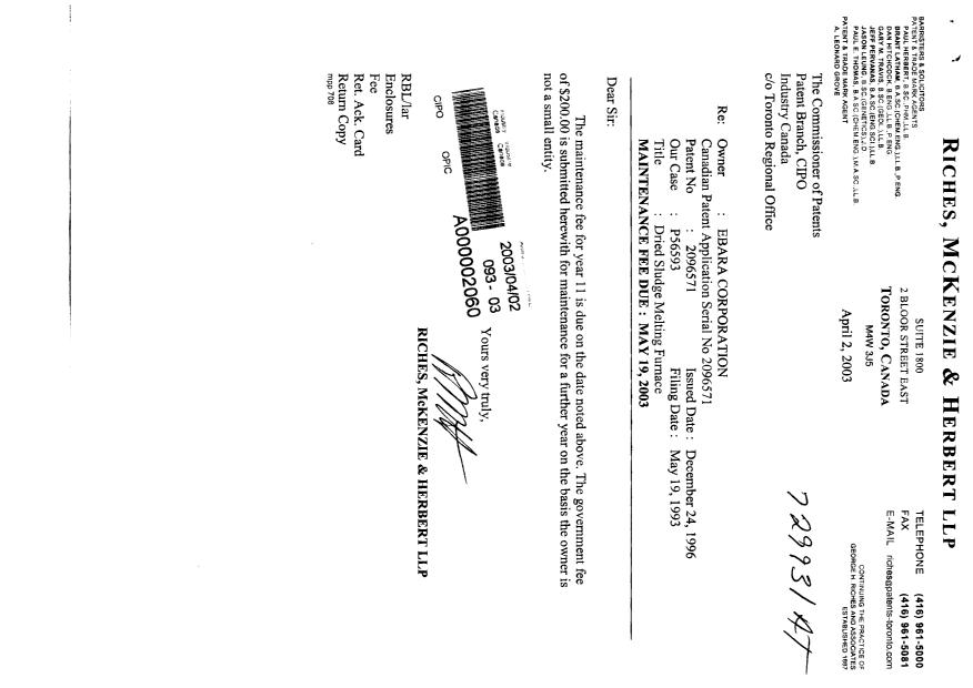 Document de brevet canadien 2096571. Taxes 20030402. Image 1 de 1